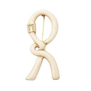 Roberta di Camerino 1980's Cream & Gold Enamel Ribbon “R” Logo Brooch